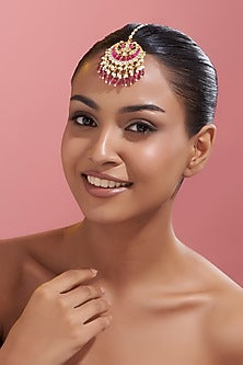 Gold Finish Kundan Polki & Pearl Maang Tikka