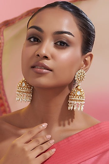 Gold Finish Kundan Polki Jhumka Earrings