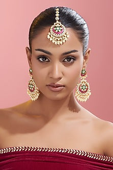 Gold Finish Kundan Polki & Red Stone Dangler Earrings With Maangtikka