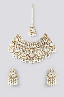 Gold Finish Kundan Polki & Pearl Necklace Set