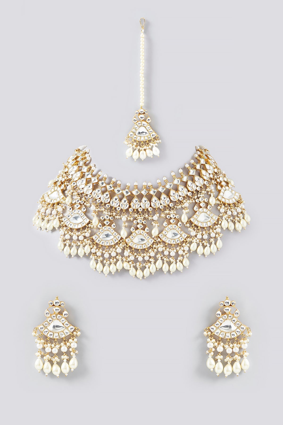 Gold Finish Kundan Polki & Pearl Necklace Set
