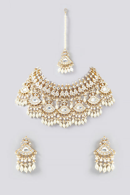 Gold Finish Kundan Polki & Pearl Necklace Set