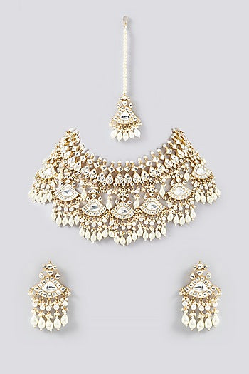 Gold Finish Kundan Polki & Pearl Necklace Set