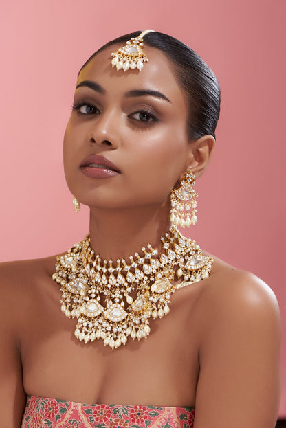 Gold Finish Kundan Polki & Pearl Necklace Set