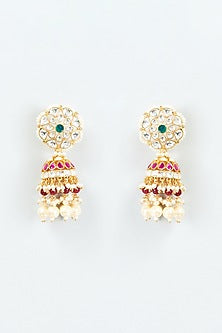 Gold Finish Kundan Polki & Pearl Jhumka Earrings