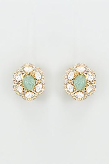 Gold Finish Kundan Polki & Aqua Stone Earrings