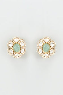Gold Finish Kundan Polki & Aqua Stone Earrings