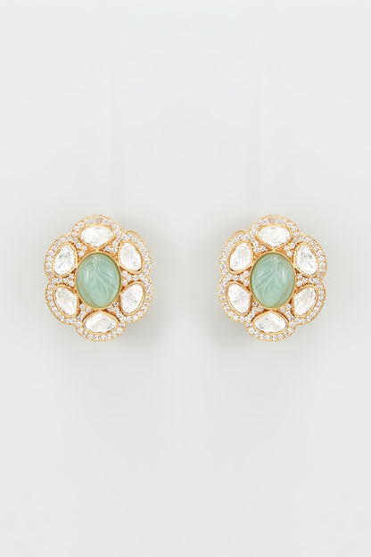 Gold Finish Kundan Polki & Aqua Stone Earrings
