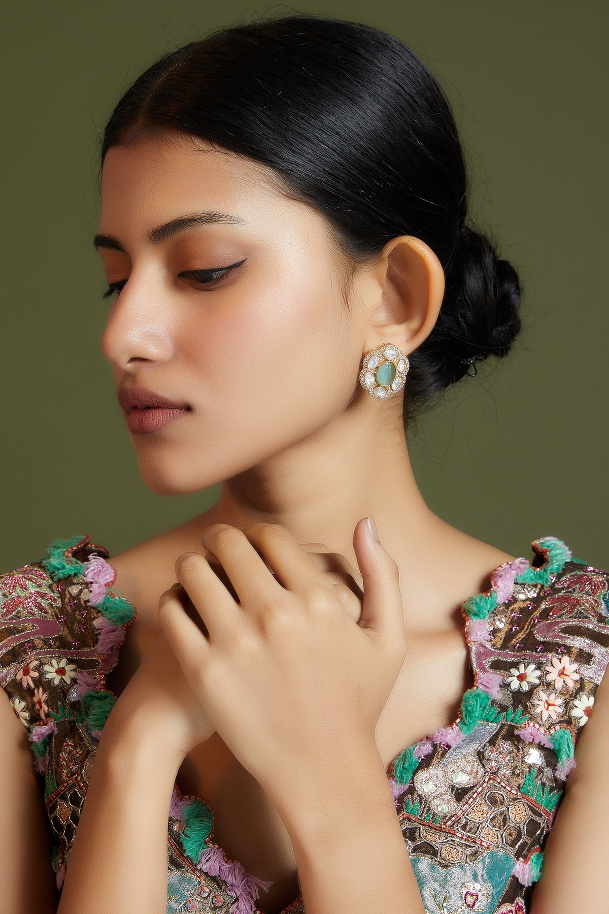 Gold Finish Kundan Polki & Aqua Stone Earrings