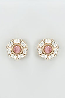 Gold Finish Kundan Polki & Pink Stone Earrings