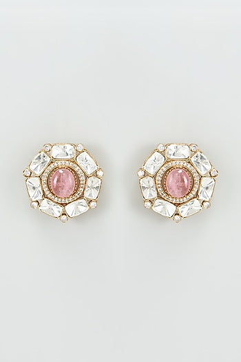 Gold Finish Kundan Polki & Pink Stone Earrings