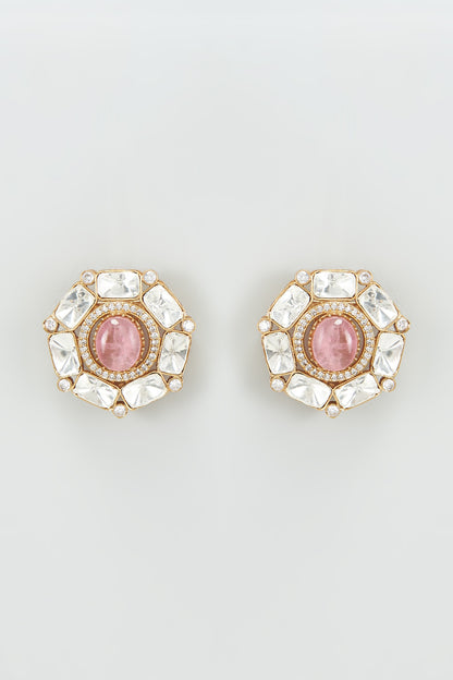 Gold Finish Kundan Polki & Pink Stone Earrings