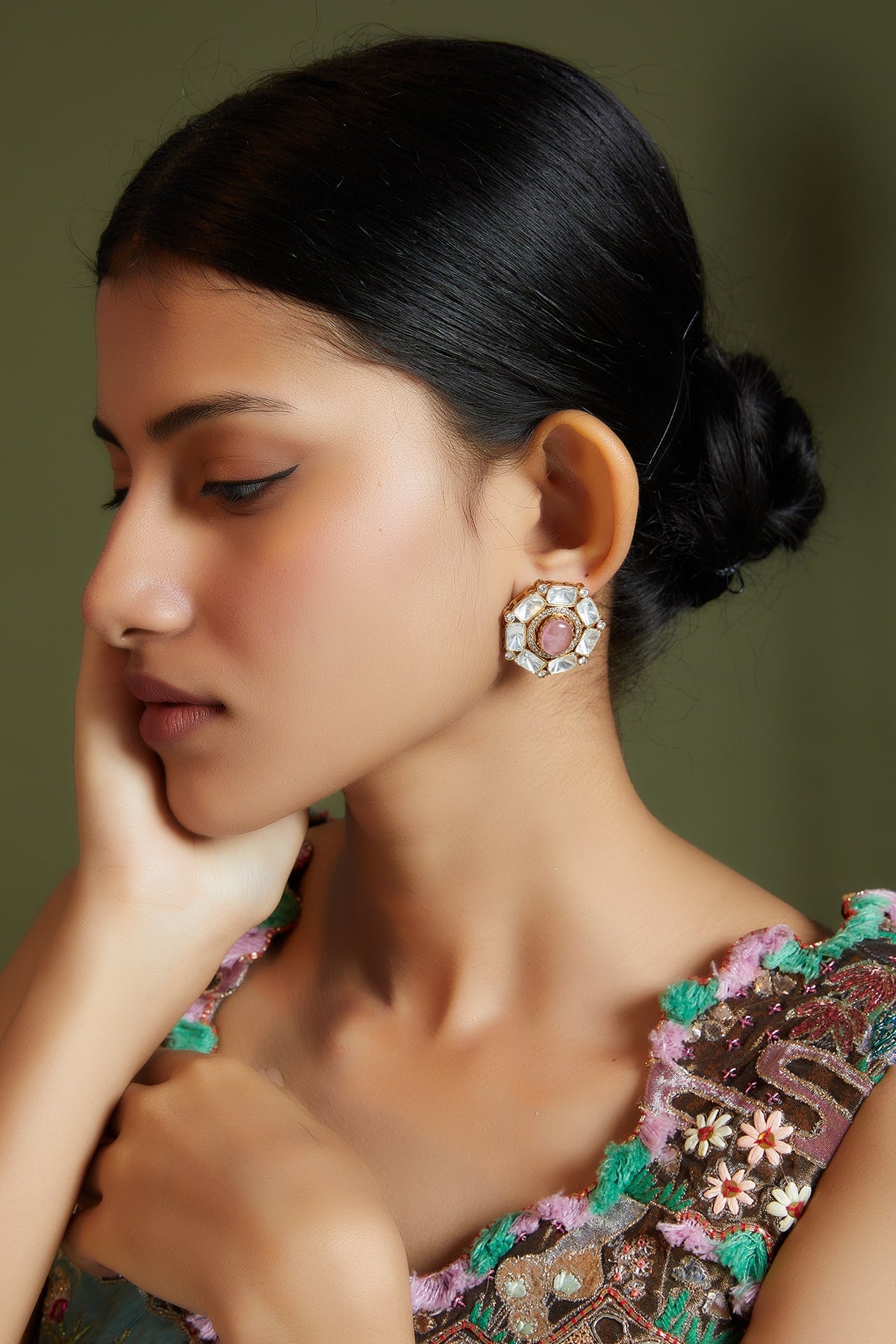 Gold Finish Kundan Polki & Pink Stone Earrings