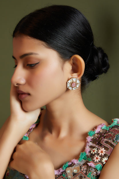 Gold Finish Kundan Polki & Pink Stone Earrings