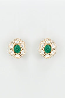 Gold Finish Kundan Polki & Green Stone Earrings