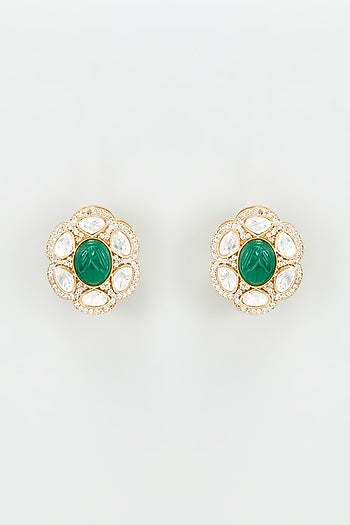 Gold Finish Kundan Polki & Green Stone Earrings