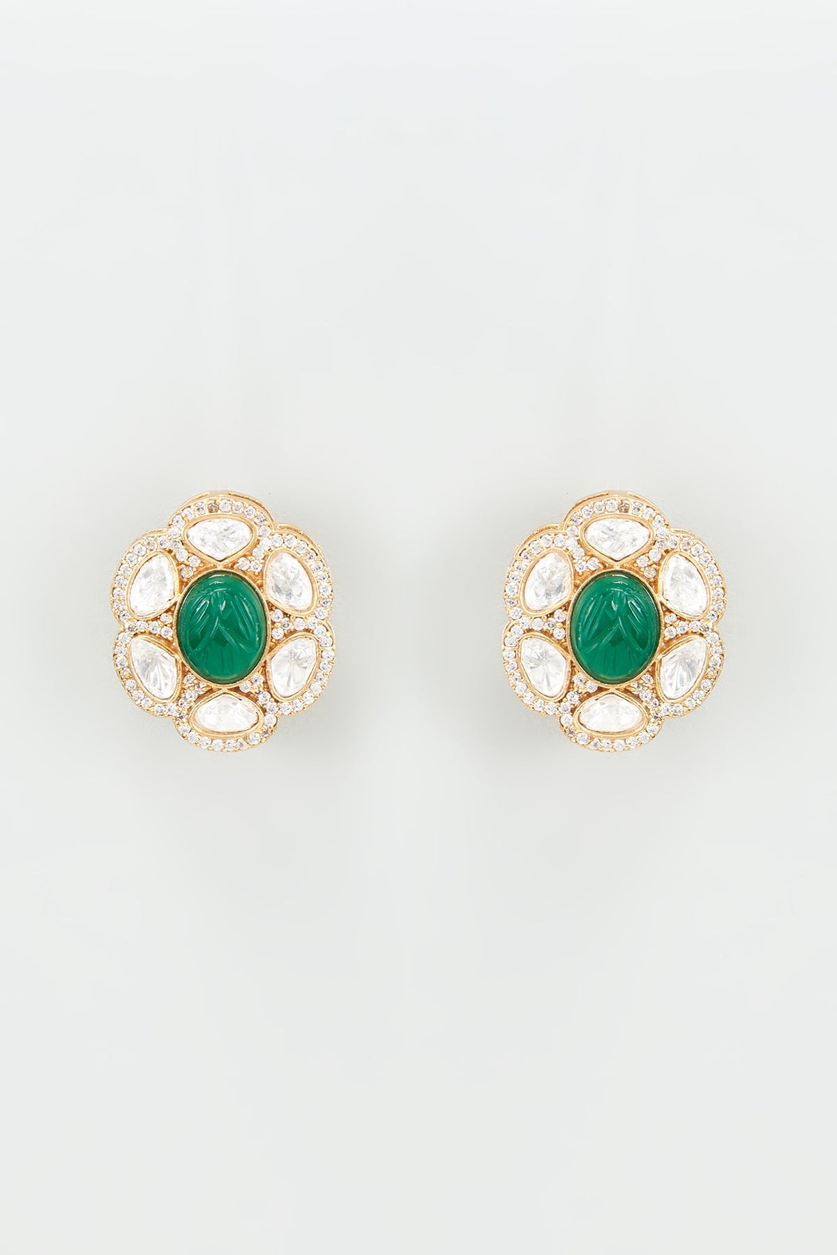 Gold Finish Kundan Polki & Green Stone Earrings