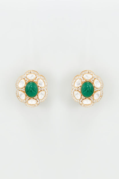 Gold Finish Kundan Polki & Green Stone Earrings
