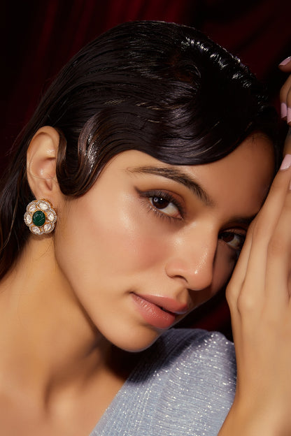 Gold Finish Kundan Polki & Green Stone Earrings