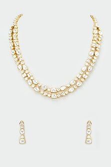 Gold Finish Kundan Polki Layered Necklace Set
