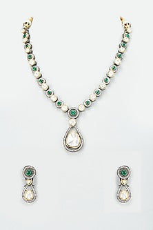 Black Rhodium Finish Kundan Polki Long Necklace Set