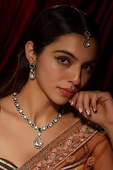 Black Rhodium Finish Kundan Polki Long Necklace Set