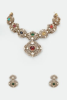Black Rhodium Finish Kundan Polki Necklace Set