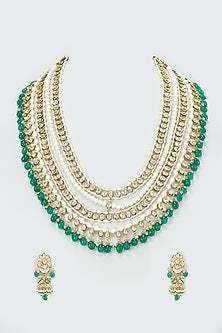 Gold Finish Kundan Polki Long Layered Necklace Set