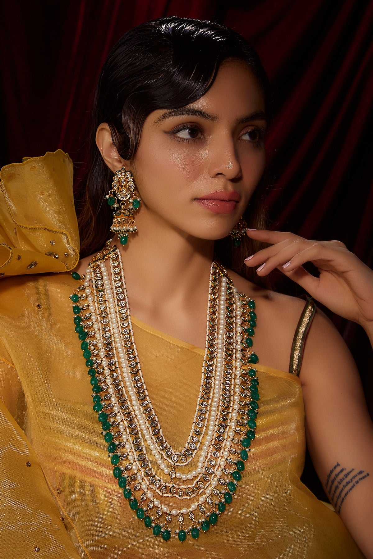 Gold Finish Kundan Polki Long Layered Necklace Set