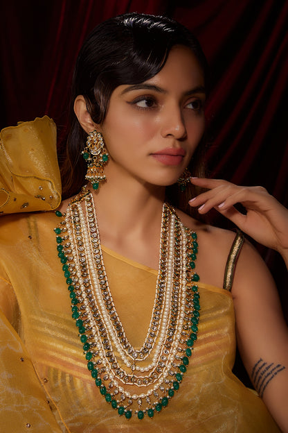 Gold Finish Kundan Polki Long Layered Necklace Set