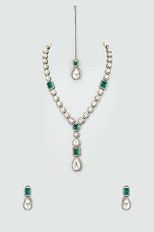 Black Rhodium Finish Kundan Polki Long Necklace Set