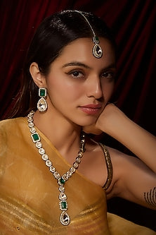 Black Rhodium Finish Kundan Polki Long Necklace Set