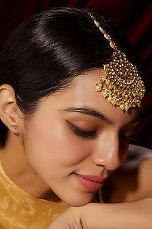 Gold Finish Kundan Polki & Pearl Maang Tikka