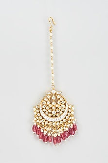 Gold Finish Kundan Polki & Red Beaded Maangtikka