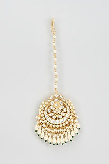 Gold Finish Kundan Polki & Green Beaded Maangtikka