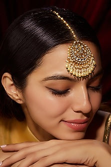 Gold Finish Kundan Polki & Green Beaded Maangtikka