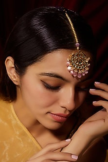 Gold Finish Kundan Polki & Pink Beaded Maangtikka