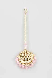 Gold Finish Kundan Polki & Pink Beaded Maangtikka