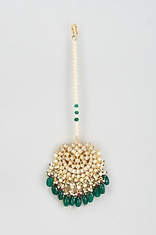 Gold Finish Kundan Polki & Green Beaded Maangtikka