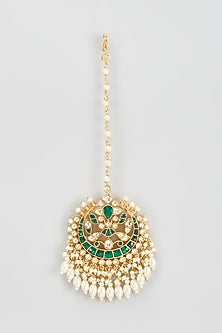 Gold Finish Kundan Polki & Green Beaded Maangtikka
