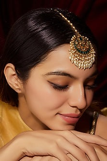 Gold Finish Kundan Polki & Green Beaded Maangtikka