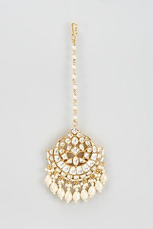 Gold Finish Kundan Polki & Pearl Maang Tikka
