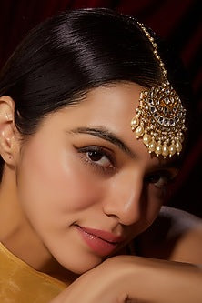 Gold Finish Kundan Polki & Pearl Maang Tikka