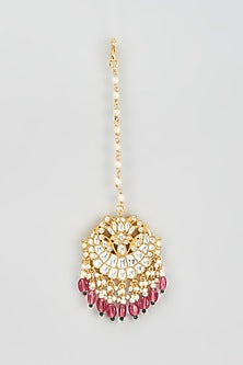 Gold Finish Kundan Polki & Red Beaded Maangtikka