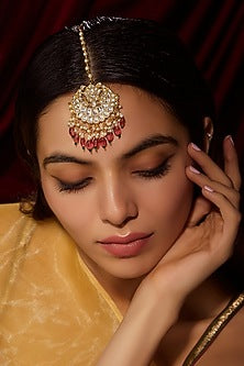 Gold Finish Kundan Polki & Red Beaded Maangtikka