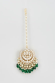 Gold Finish Kundan Polki & Green Beaded Maangtikka