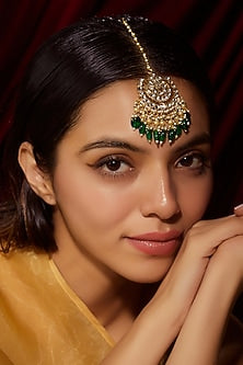 Gold Finish Kundan Polki & Green Beaded Maangtikka