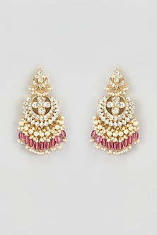 Gold Finish Kundan Polki & Red Beaded Chandbali Earrings