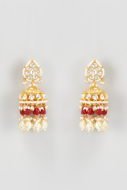 Gold Finish Kundan Polki Jhumka Earrings With Maang Tikka