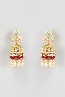 Gold Finish Kundan Polki Jhumka Earrings With Maang Tikka